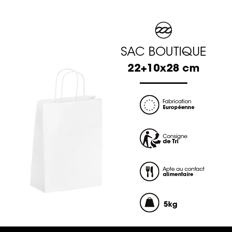 Sac boutique|kraft blanc|poignées torsadées|22+10x28cm|par 250