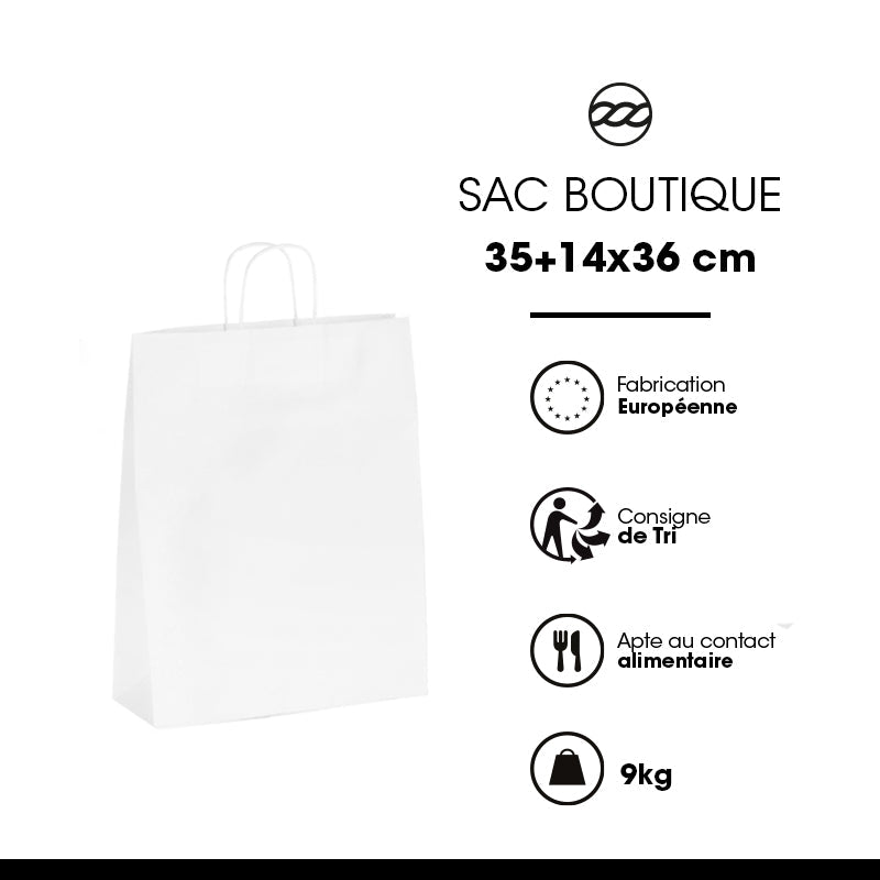 Sac boutique|kraft blanc|poignées torsadées|35+14x36cm|par 250
