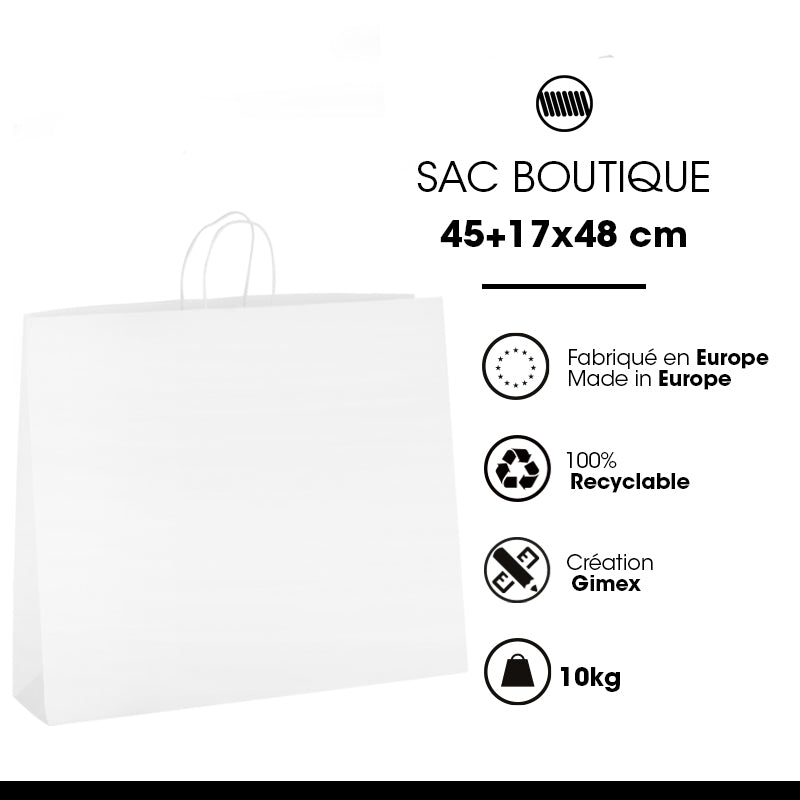 Sac boutique|kraft blanc|poignées torsadées|45+17x48cm|par 200