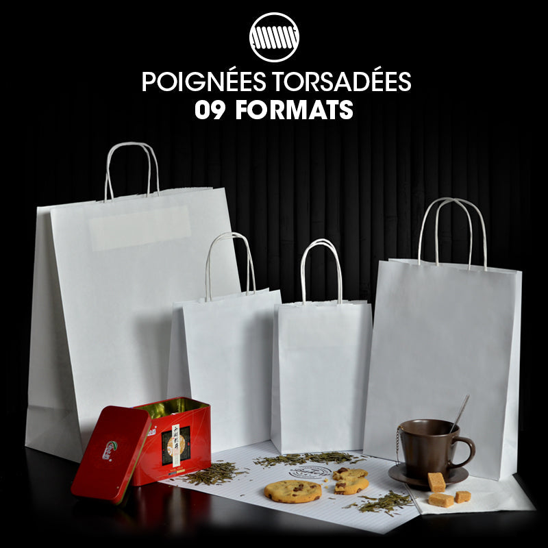 Sac boutique|kraft blanc|poignées torsadées|45+17x48cm|par 200