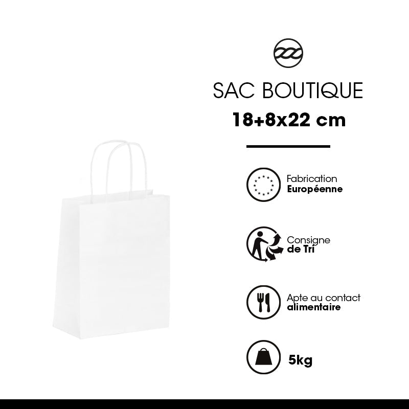 Sac boutique|kraft blanc|poignées torsadées|18+8x22cm|par 300