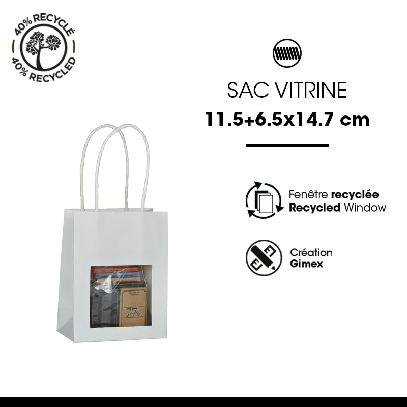 Sac vitrine|kraft blanc|poignées torsadées|11,4+6,4×14,6cm|par 300