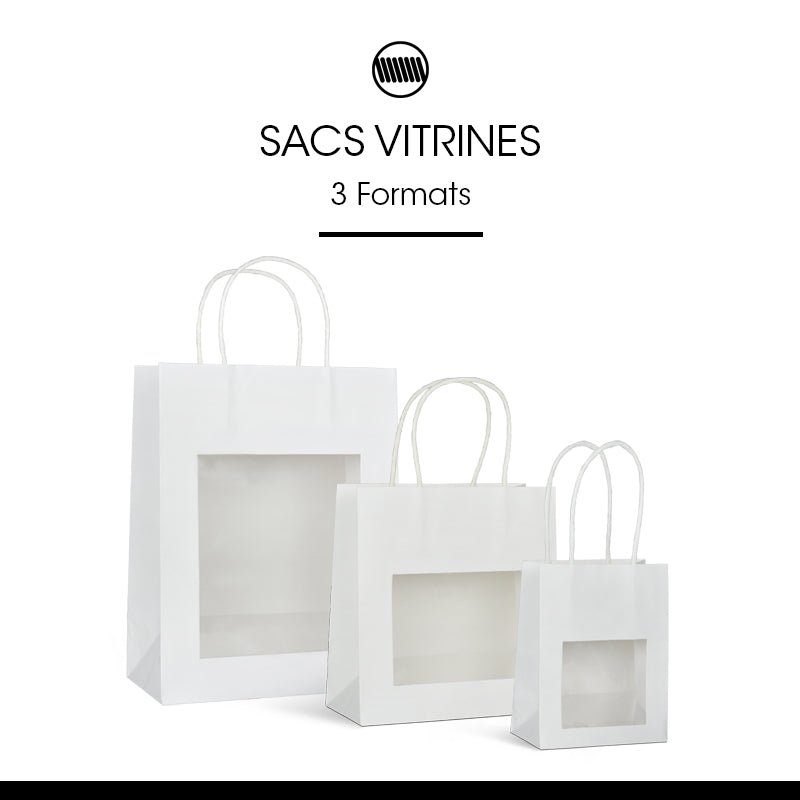 Sac vitrine|kraft blanc|poignées torsadées|11,4+6,4×14,6cm|par 300