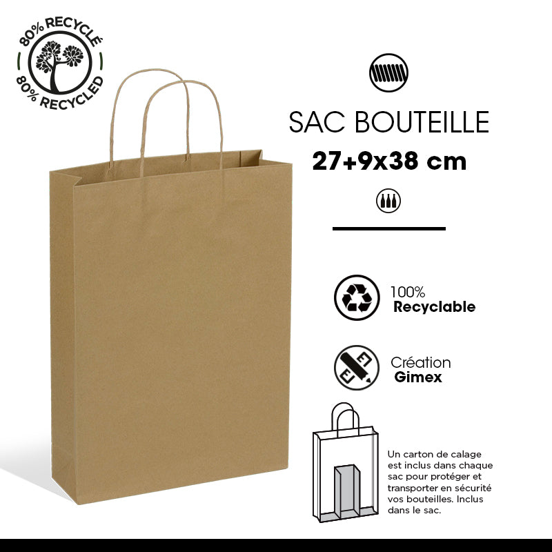 Sac 3 bouteilles kraft brun poignées torsadées 27+9x38cm par 100