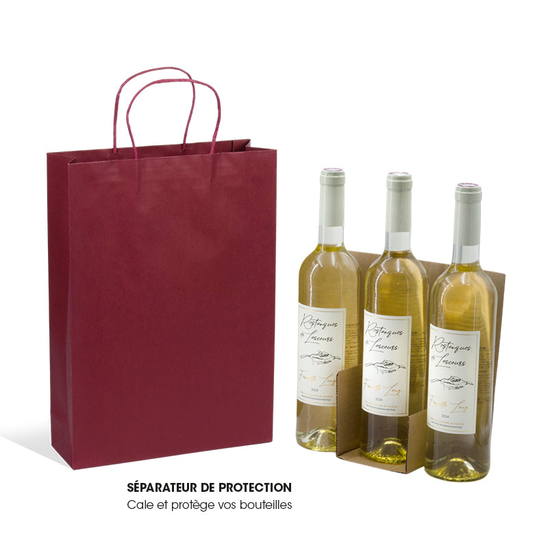 Sac 3 bouteilles Lie de Vin kraft poignées torsadées 27+9x38cm par 100