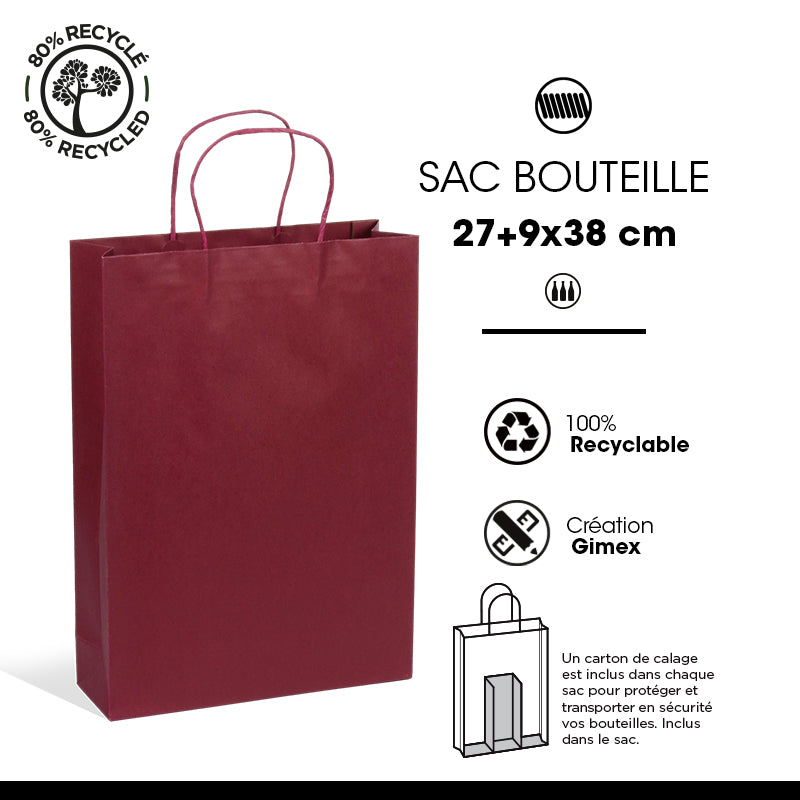 Sac 3 bouteilles Lie de Vin kraft poignées torsadées 27+9x38cm par 100