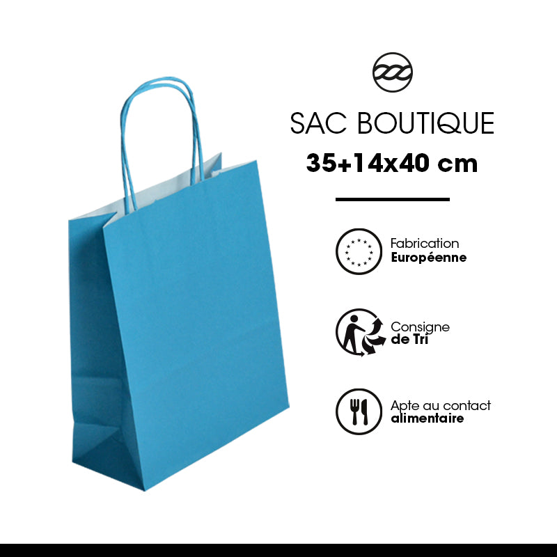 Sac Festival TURQUOISE|kraft blanc| poignées torsadées | 35+14x40cm | par 250