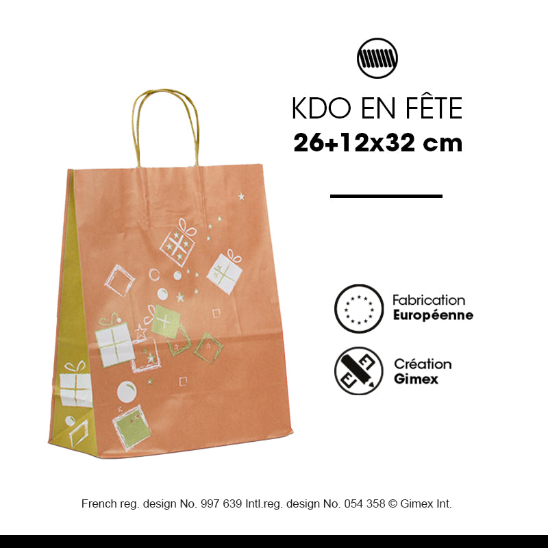 Sac Kdo en Fête|kraft blanc|poignées torsadées|26+12x32cm|par 250