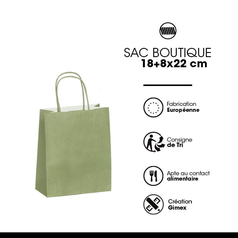 Sac Festival VERT AMANDE|kraft blanc|poignées torsadées | 18+8x22cm | par 300