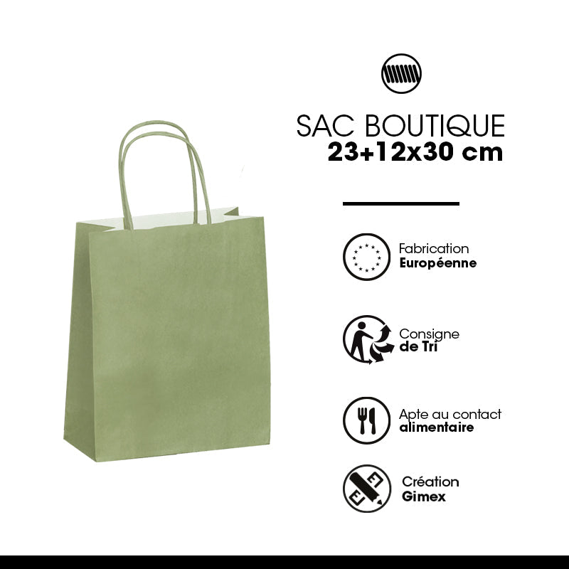 Sac Festival VERT AMANDE|kraft blanc|poignées torsadées| 23+12x30cm | par 250