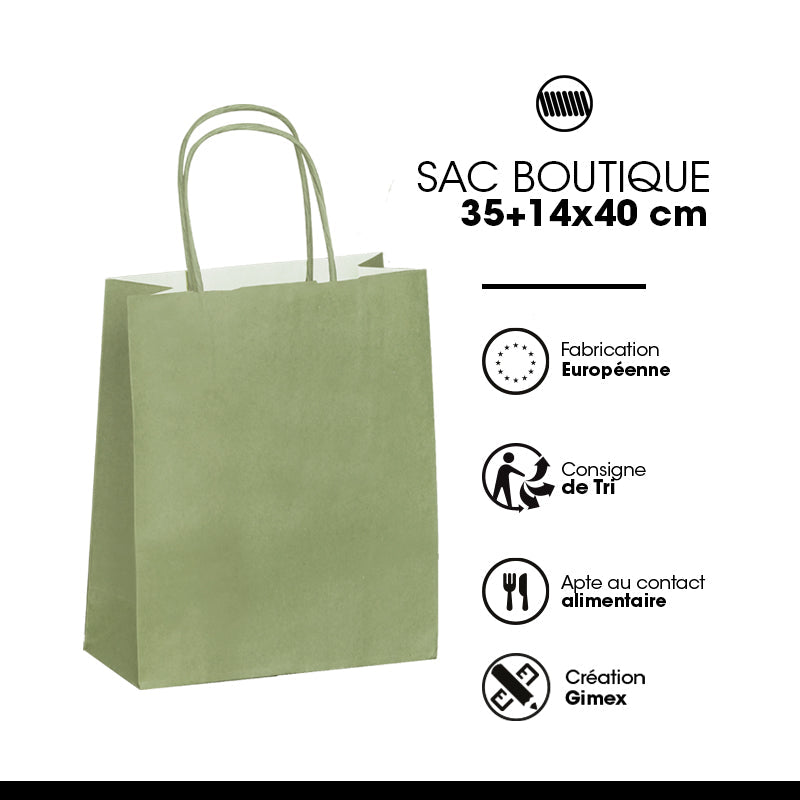 Sac Festival VERT AMANDE|kraft blanc|poignées torsadées| 35+14x40cm | par 250