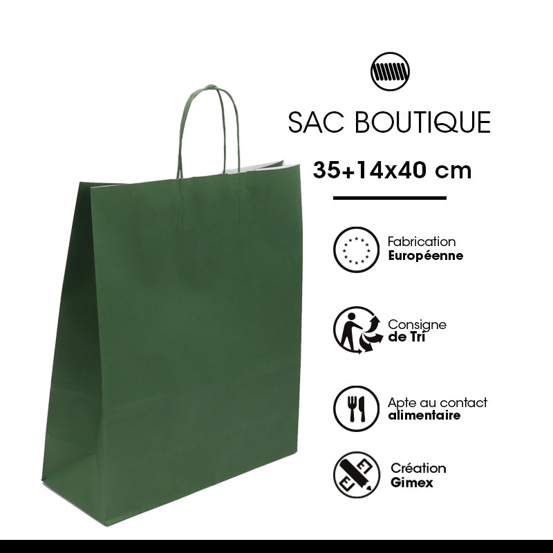 Sac Festival VERT FORÊT|kraft blanc|poignées torsadées | 35+14x40cm | par 250