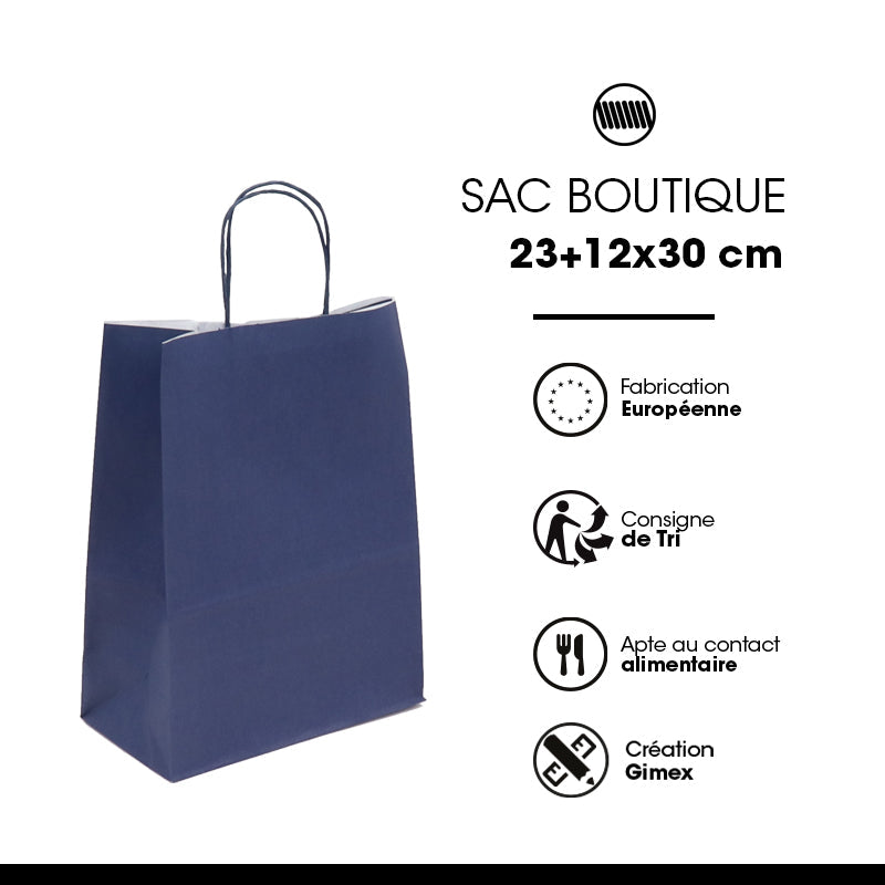 Sac Festival BLEU NAVY|kraft blanc| poignées torsadées | 23+12x30cm | par 250