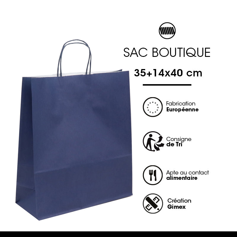 Sac Festival BLEU NAVY|kraft blanc| poignées torsadées | 35+14x40cm | par 250