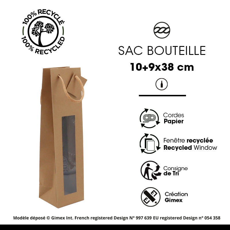 Sac 1 bouteille à fenêtre|kraft brun|poignées papier|10+9x38cm|par 200