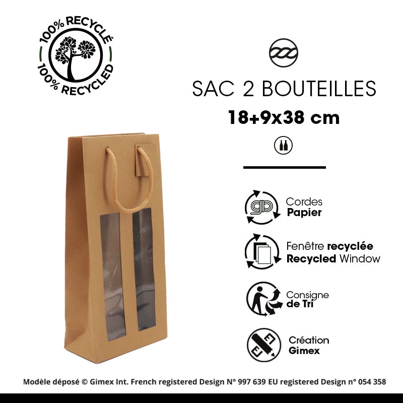 Sac 2 bouteilles à fenêtre | kraft brun| poignées papier | 18+9x38cm |par 100