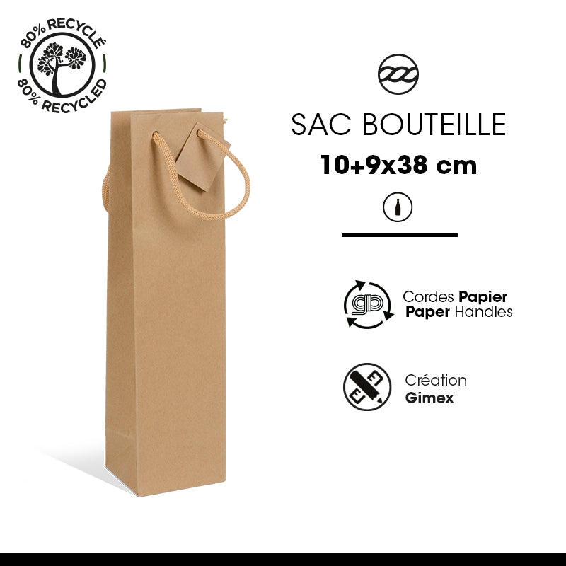 Sac 1 bouteille|kraft brun|poignées papier|10+9x38cm|par 200