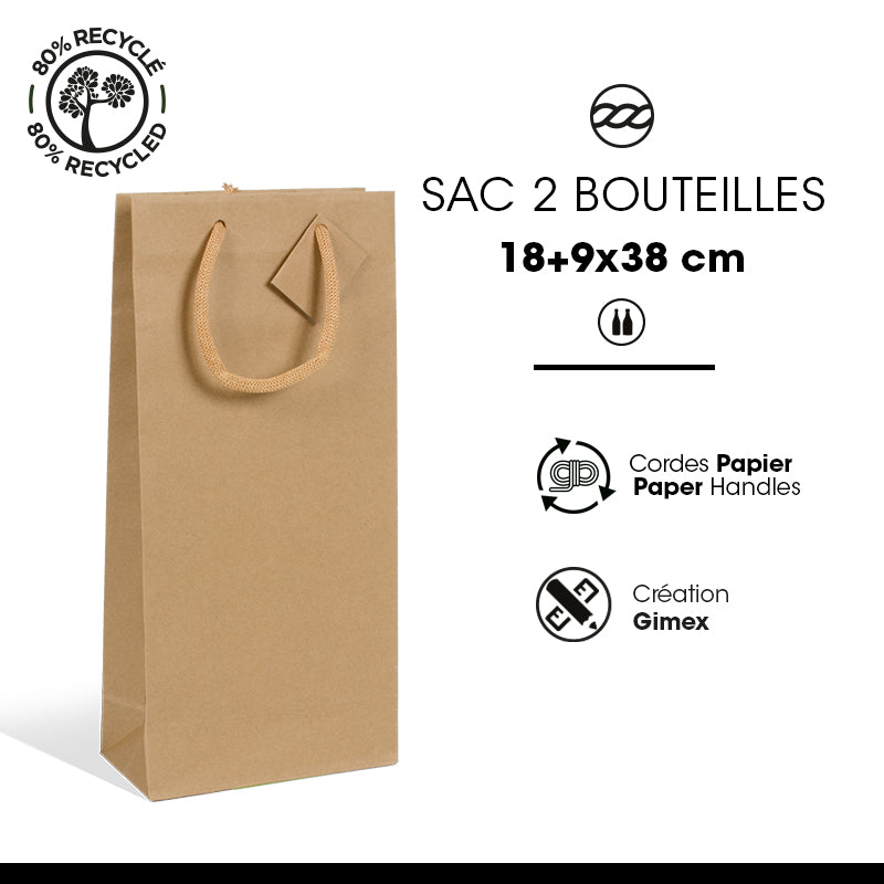 Sac 2 bouteilles|kraft brun|poignées papier|18+9x38cm|par 100