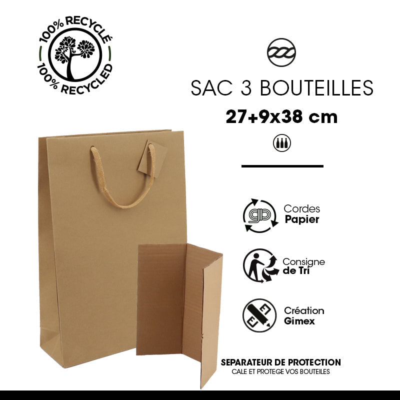 Sac 3 bouteilles|kraft brun|poignées papier|27+9x38cm|par 100