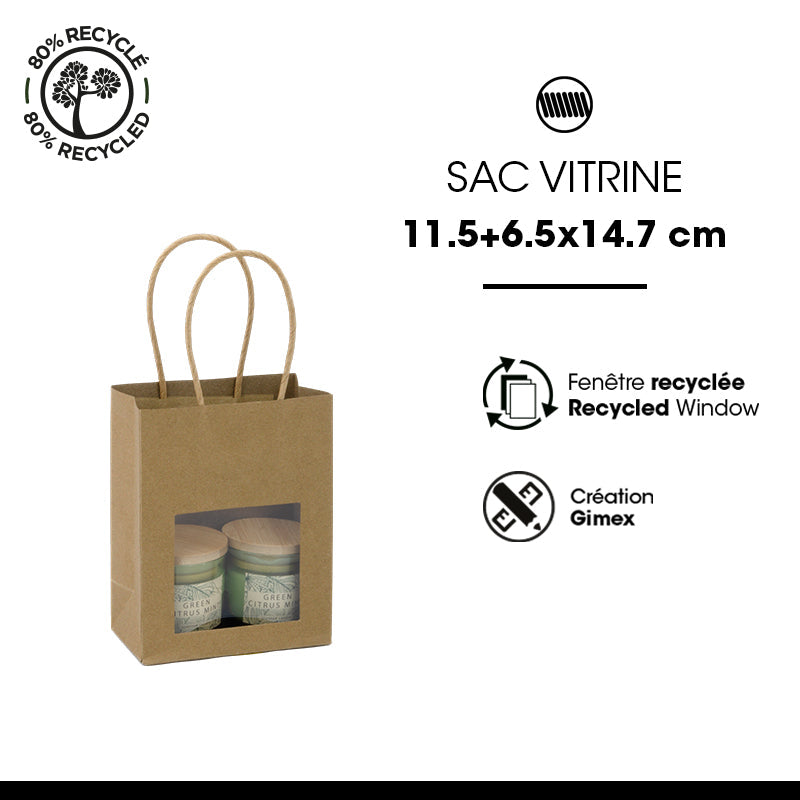Sac vitrine|kraft brun|poignées torsadées|11,4+6,4×14,6cm|par 500