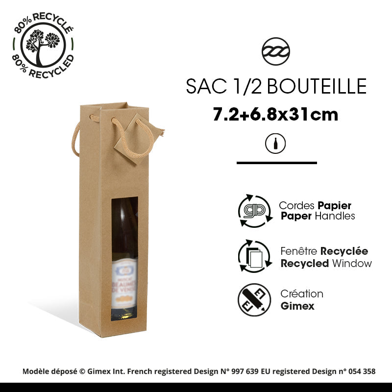 Sac demi-bouteille fenêtre|kraft brun|poignées papier | 7,2+6,8x31cm| par 400