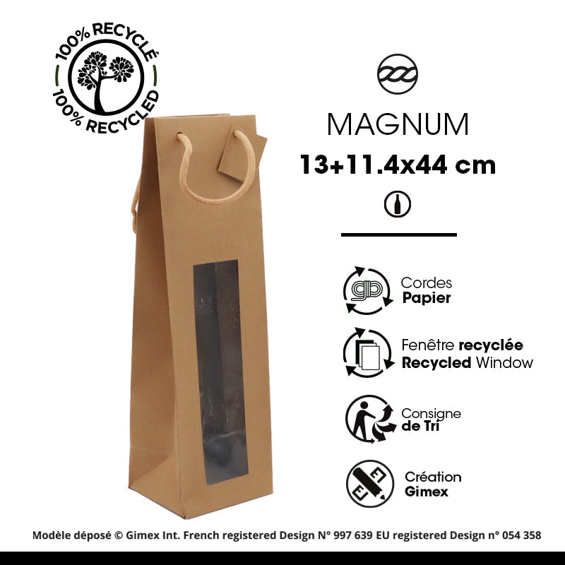 Sac 1 magnum à fenêtre|kraft brun|poignées papier|13+11,4x44cm|par 100