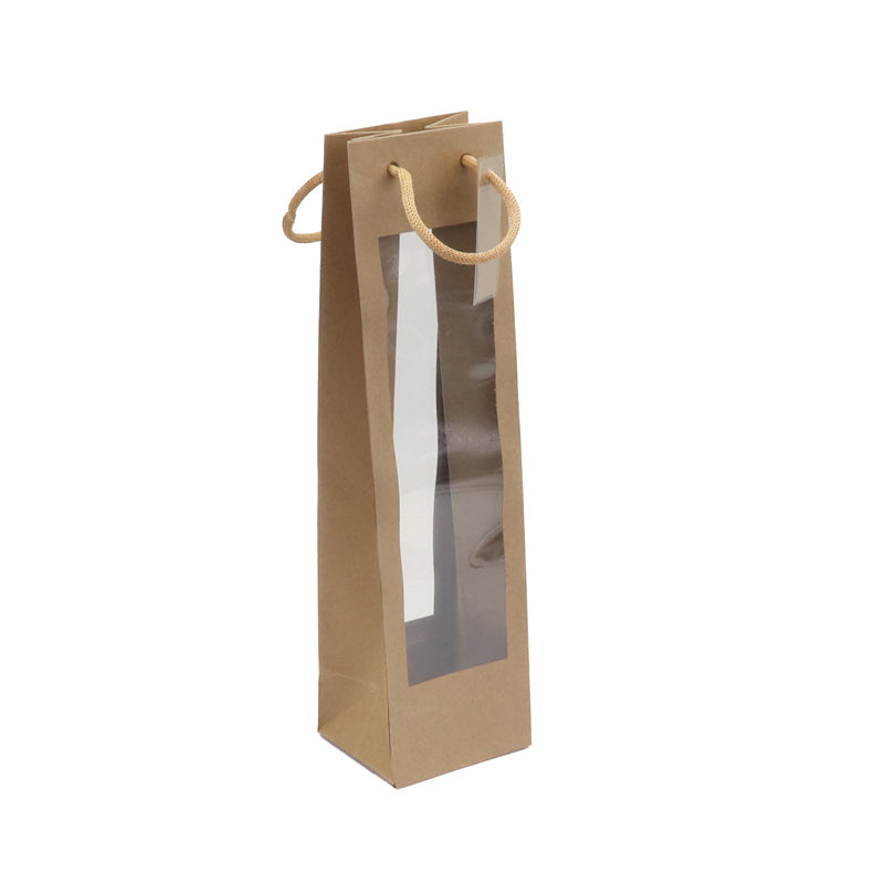 Sac 1 bouteille double fenêtre XL|kraft brun|poignées papier|10+9x38cm|par 100