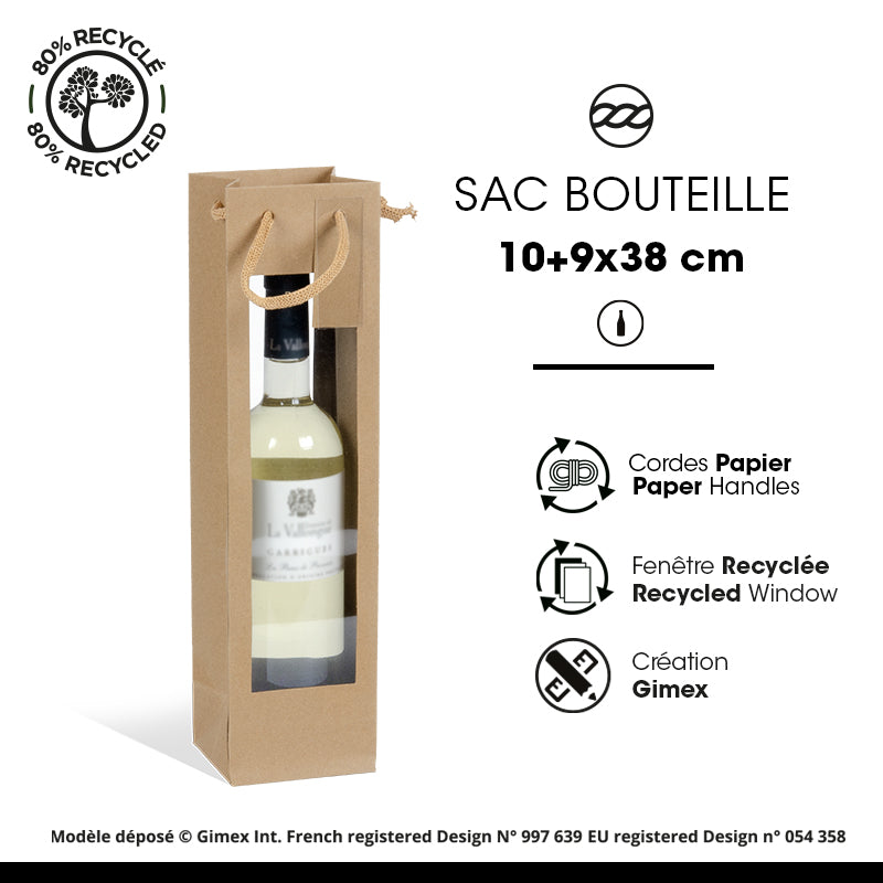 Sac 1 bouteille double fenêtre XL|kraft brun|poignées papier|10+9x38cm|par 100