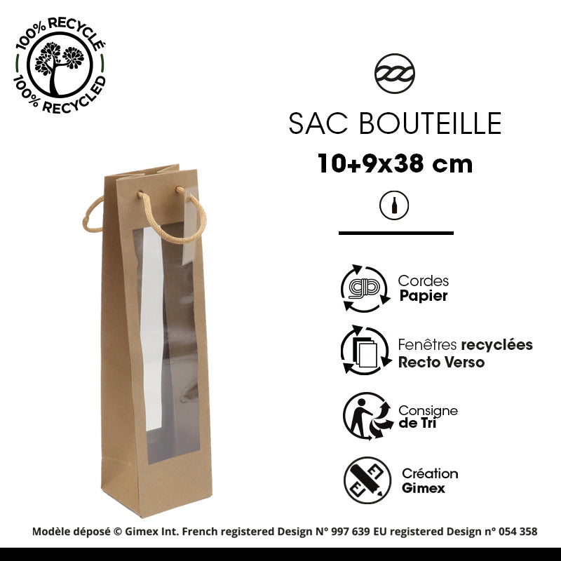 Sac 1 bouteille double fenêtre XL|kraft brun|poignées papier|10+9x38cm|par 100
