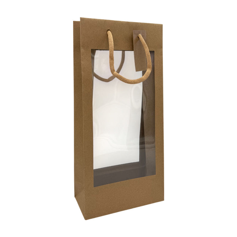 Sac 2 bouteilles double fenêtre XL|kraft brun|poignées papier|18+9x38cm|par 100