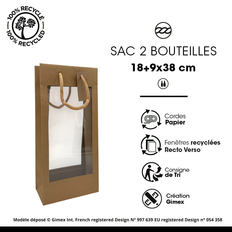 Sac 2 bouteilles double fenêtre XL|kraft brun|poignées papier|18+9x38cm|par 100