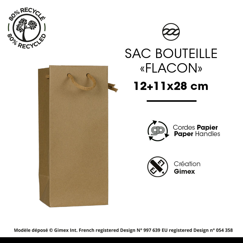 Sac 1 bouteille flacon|kraft brun|poignées papier|12x11x28cm|par 200