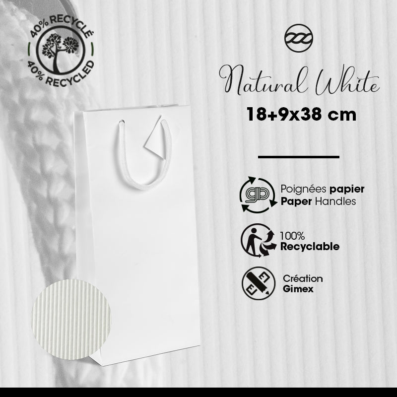 Sac 2 bouteilles Natural White|kraft blanc|poignées papier|18+9x38cm| par 100