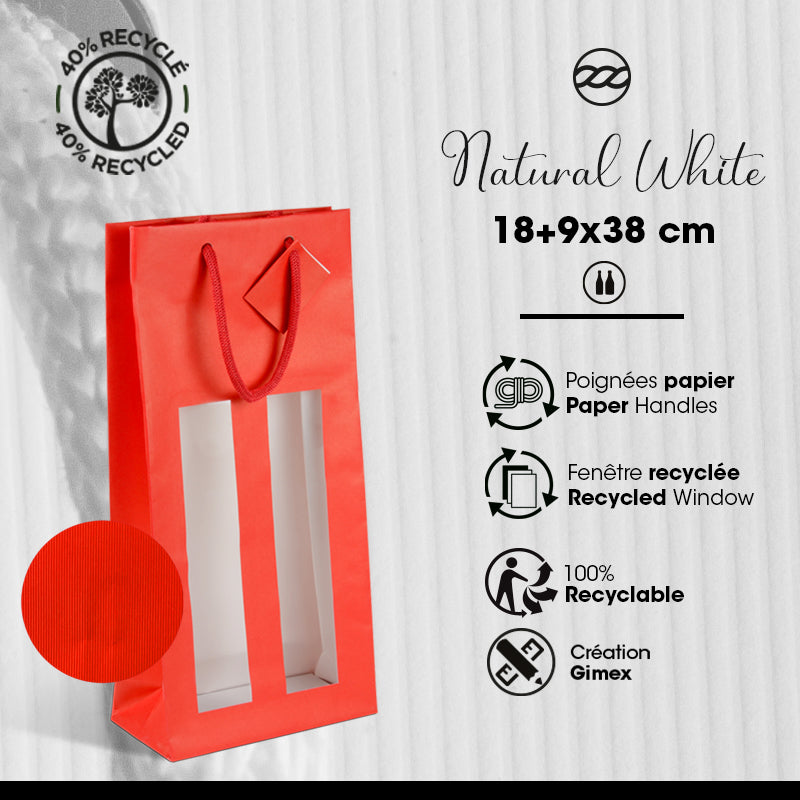 Sac 2 bouteilles à fenêtre Natural Red|kraft rouge | poignées papier| 18+9x38cm | par 100