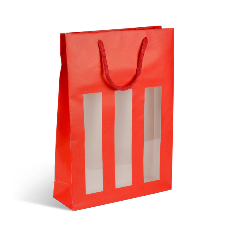 Sac 3 bouteilles à fenêtre Natural Red|kraft rouge | poignées papier | 27+9x38cm | par 100