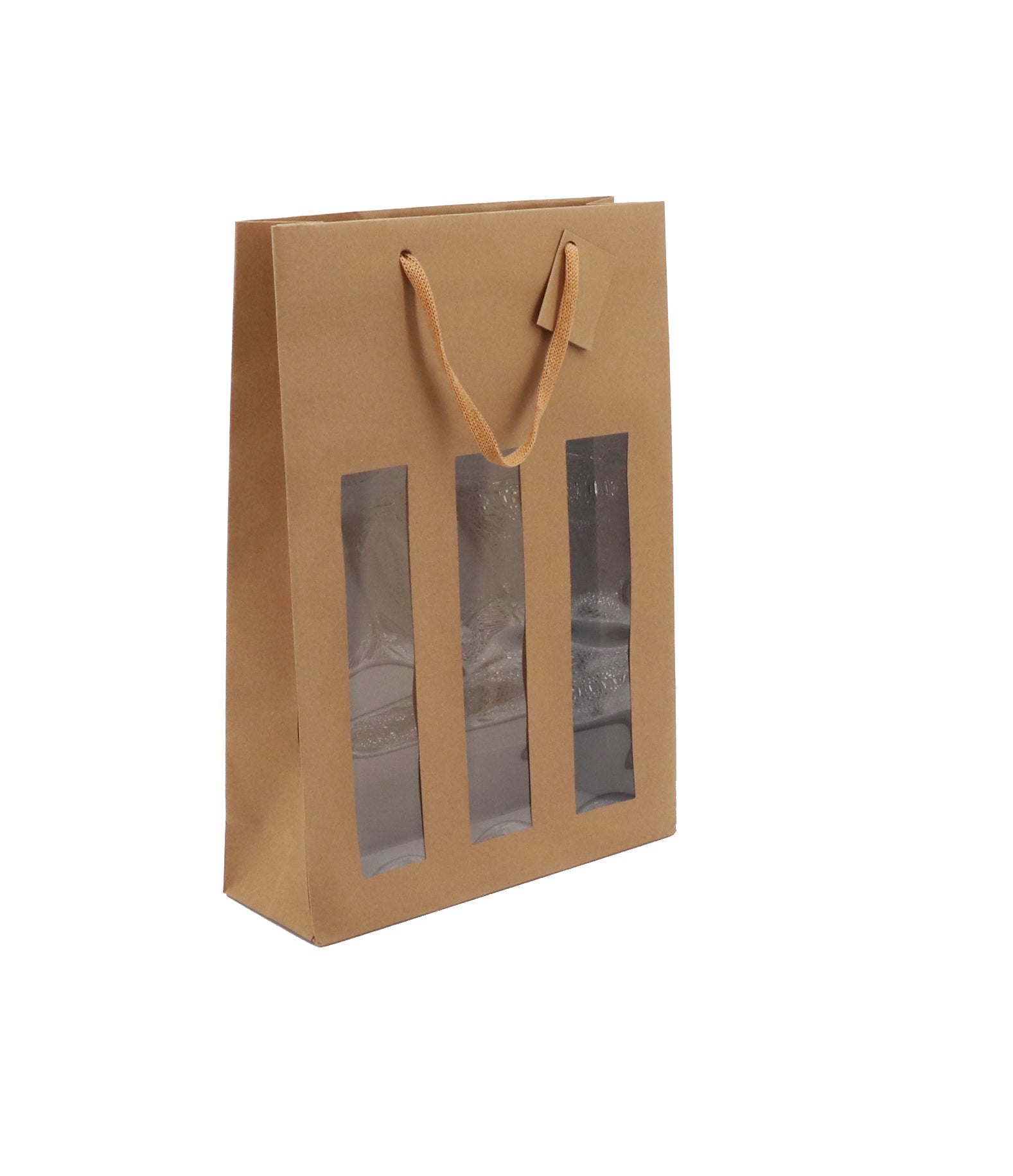 Sac 3 bouteilles à fenêtre | kraft brun | poignées papier | 27+9x38cm |par 100