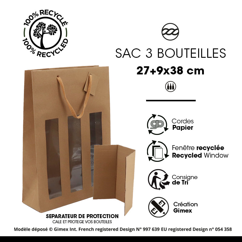 Sac 3 bouteilles à fenêtre | kraft brun | poignées papier | 27+9x38cm |par 100