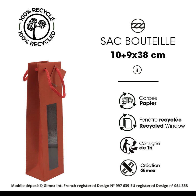 Sac 1 bouteille|kraft rouge|poignées papier|10+9x38cm|par 200