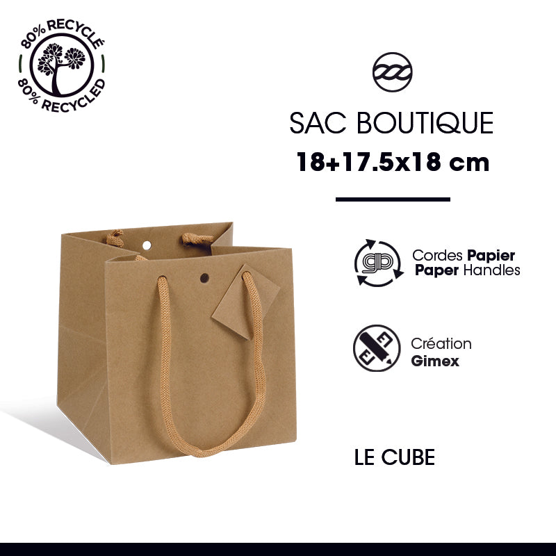Sac luxe Cube|kraft brun|poignées papier|18+17,5x18|par 100