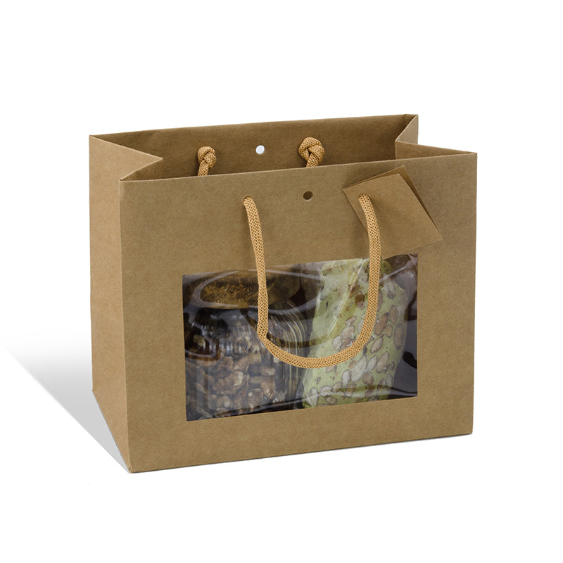 Sac luxe Middle Horizontal à fenêtre | kraft brun | poignées papier | 24+14x19,5cm | par 120