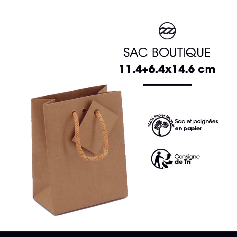 Sac luxe Small|kraft brun|poignées papier|11,4+6,4x14,6cm|par 400
