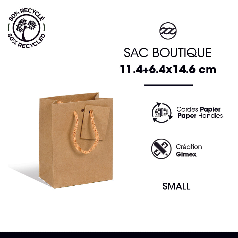 Sac luxe Small|kraft brun|poignées papier|11,4+6,4x14,6cm|par 400