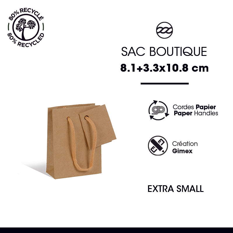 Sac luxe Extra Small|kraft brun|poignées papier|8,1+3,3x10,8cm|par 500