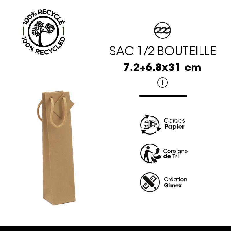 Sac demi- bouteille|kraft brun|poignées papier|7,2+6,8x31cm|par 400