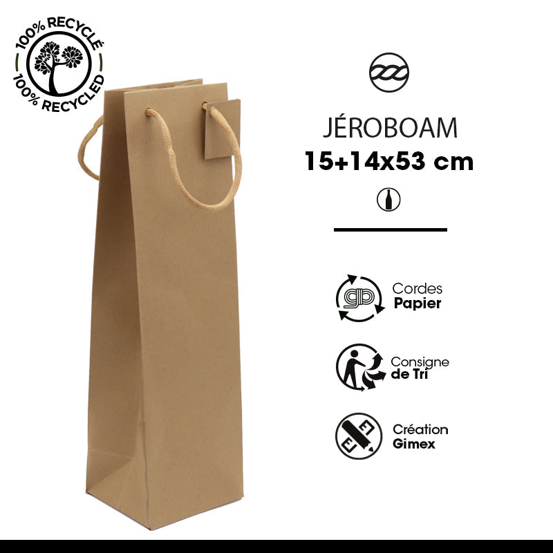 Sac 1 bouteille jeroboam|kraft brun|poignées papier|15+14x53cm|par 100