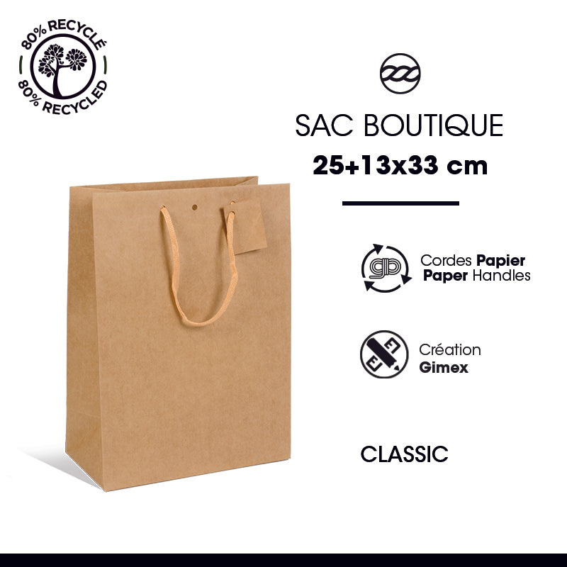 Sac luxe Classic|kraft brun|poignées papier|25+13x33cm|par 150