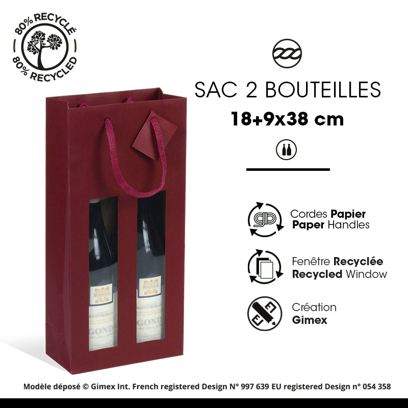 2-bottle wine-red kraft bag with window and paper handles, 18+9x38cm, pack of 100