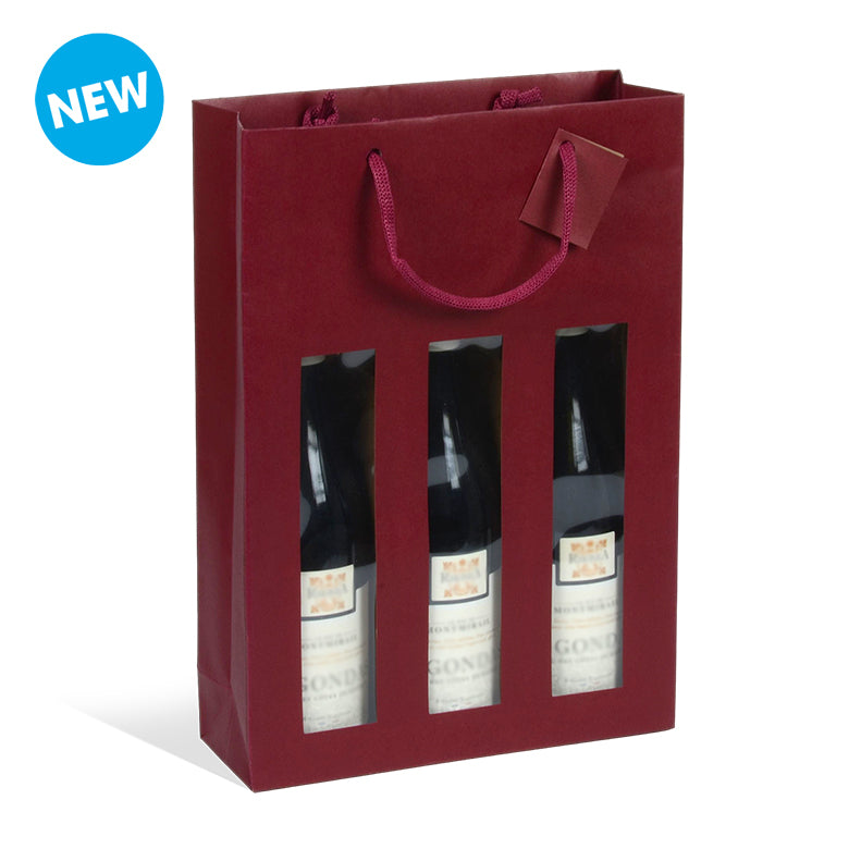 Wine Lees Kraft 3-Bottle Bag with Window and Paper Handles 27+9x38cm per 100