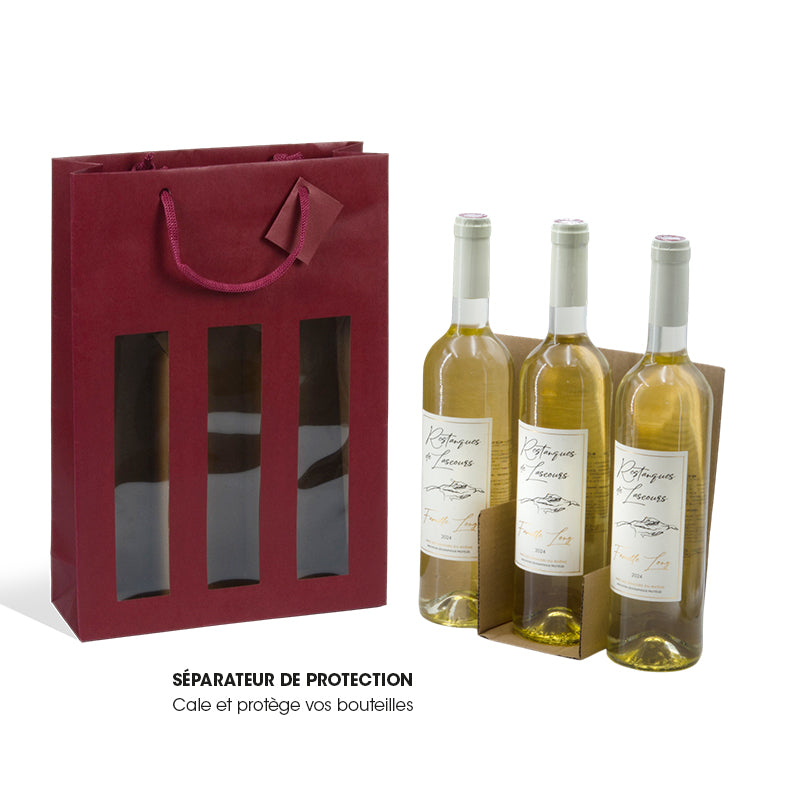 Wine Lees Kraft 3-Bottle Bag with Window and Paper Handles 27+9x38cm per 100