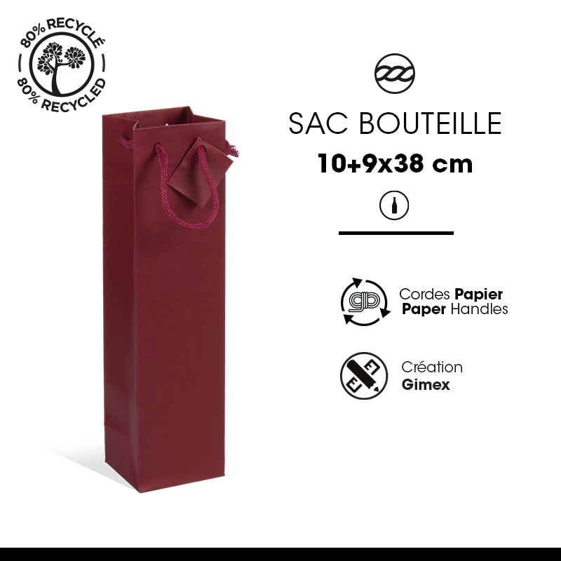 Wine-colored Kraft paper bag for 1 bottle with paper handles 10+9x38cm per 200